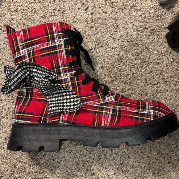 Betsey Johnson Shoes - Betsey Johnson Red Plaid Lace-Up Boots with Black Soles